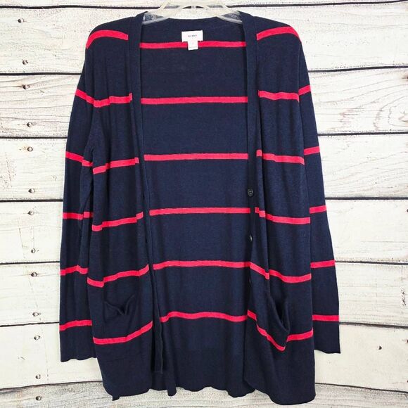 Old Navy Navy Blue & Red Striped Button Cardigan Sweater L - Picture 1 of 8